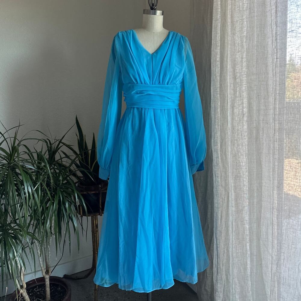 Vintage Women’s Small Dress Blue Sheer Chiffon Long Sleeve V-Neck Ruched 70s